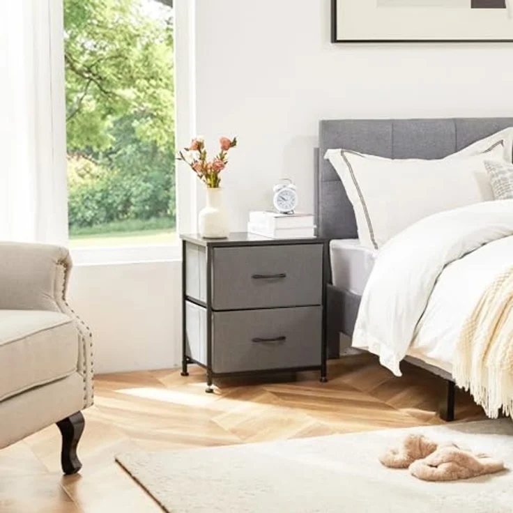 DUMOS Kommode für Schlafzimmer mit 2 Stoffschubladen, hohe Kommode Organizer für Kleidung, Schrank Kinderzimmer, Aufbewahrungsturm mit Schrank, Metallrahmen, Holzplatte, leichte Kinderzimmermöbel – Bild 2