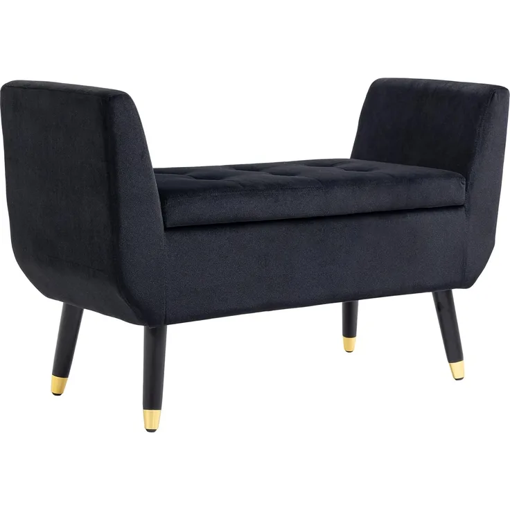 HOMCOM Luxus Sitzbank Polsterbank mit Stauraum Armlehnen Truhenbank Samtartiges Polyester Gummiholz Schwarz 107 x 42 x 65 cm