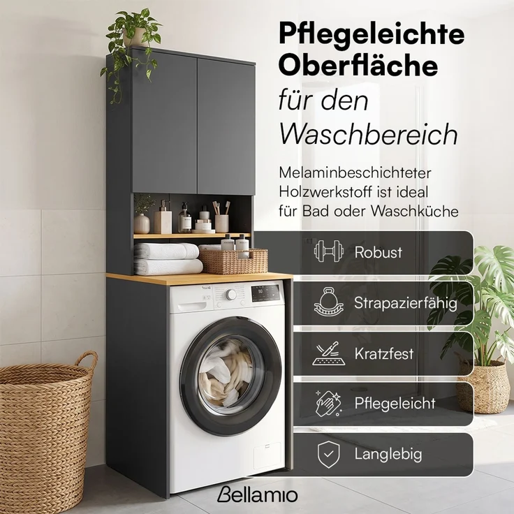 Bellamio 'Vist' Waschmaschinenschrank mit Regal und Oberschrank, Waschturm für Waschmaschine & Trockner, mit 2 Fächern und 2 Ablagen, mit Wandanschluss für Standardgeräte, Bad/HWR, Anthrazit/Eichenoptik – Bild 8
