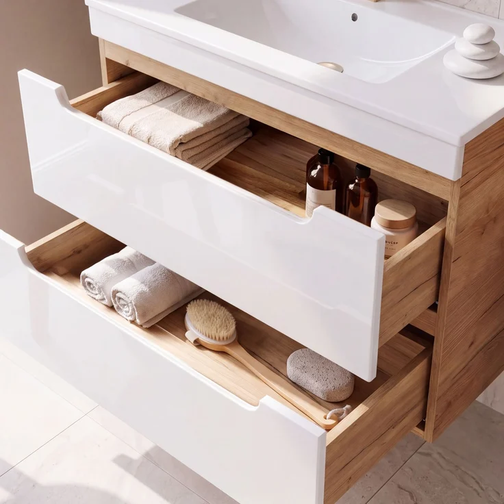 Badmöbel Set in Hochglanz weiß mit Wotan Eiche Nb. LUTON-56 mit LED-Spiegelschrank, B/H/T ca. 130/200/46 cm – Bild 8
