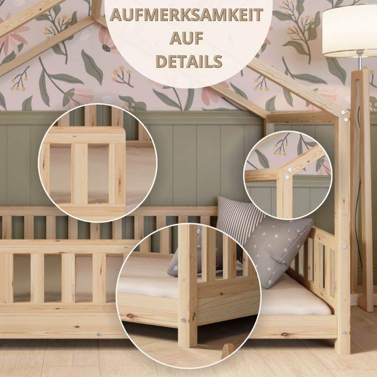 Crazy Pine 'Crazy House' Hausbett mit abnehmbaren Rausfallschutz, Naturholz, Natur, 140x200 cm, mit Höhenverstellbaren Beinen – Bild 9