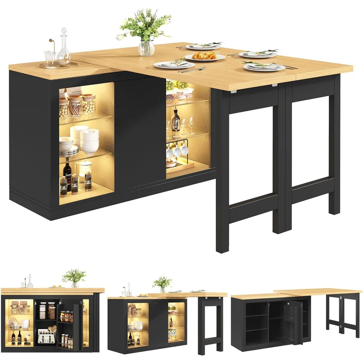Merax Ausziehbarer Kücheninsel-Esstisch mit App-steuerbarer RGB-LED, 120-197cm, 360° drehbar, mit magnetischen Türen & Glas-Einlegeböden, Schwarz, belastbar bis 60kg – Bild 10