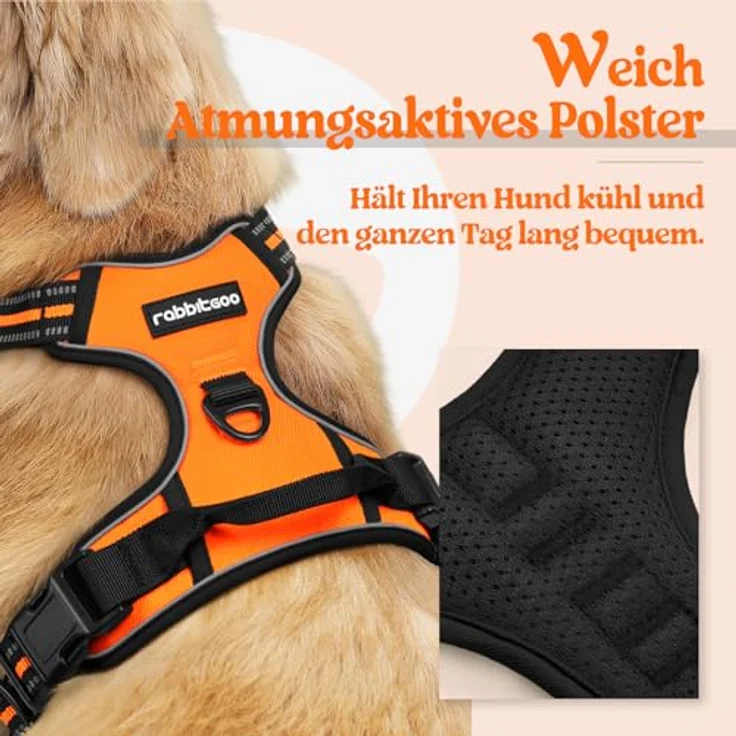 rabbitgoo Hundegeschirr Mittelgroße Hunde Anti Zug mit Griff, S, Orange | No Pull & Individuell Anpassbar, Atmungsaktiv Gepolstert, 2 D-Ringe, Schnellverschlüsse, Reflektierend für Gassi & Training – Bild 3
