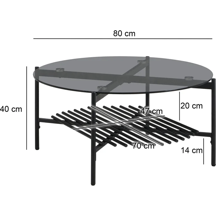 FINEBUY Couchtisch FB111842 Wohnzimmertisch Glas Metall 80 cm Schwarz Rund Sofatisch (Sofatisch Glas Rund 80 cm Schwarz Industrial), Wohnzimmertisch mit Ablage, Metallgestell Modern – Bild 3