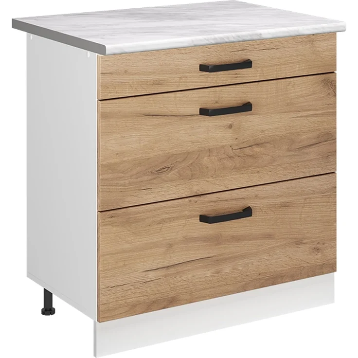 Küchenunterschrank R-Line Goldkraft Eiche/Weiß 80 cm mit 3 Schubladen Arbeitsplatte Marmor Vicco – Bild 1