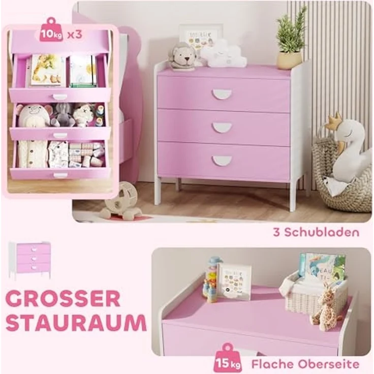 AIYAPLAY Kommode mit 3 Schubladen (Spielzeugschrank für Kinder, 1 St, Aufbewahrungsschrank), für Kinderzimmer, Wohnzimmer, 60 x 40 x 60 cm Rosa+Weiß – Bild 4