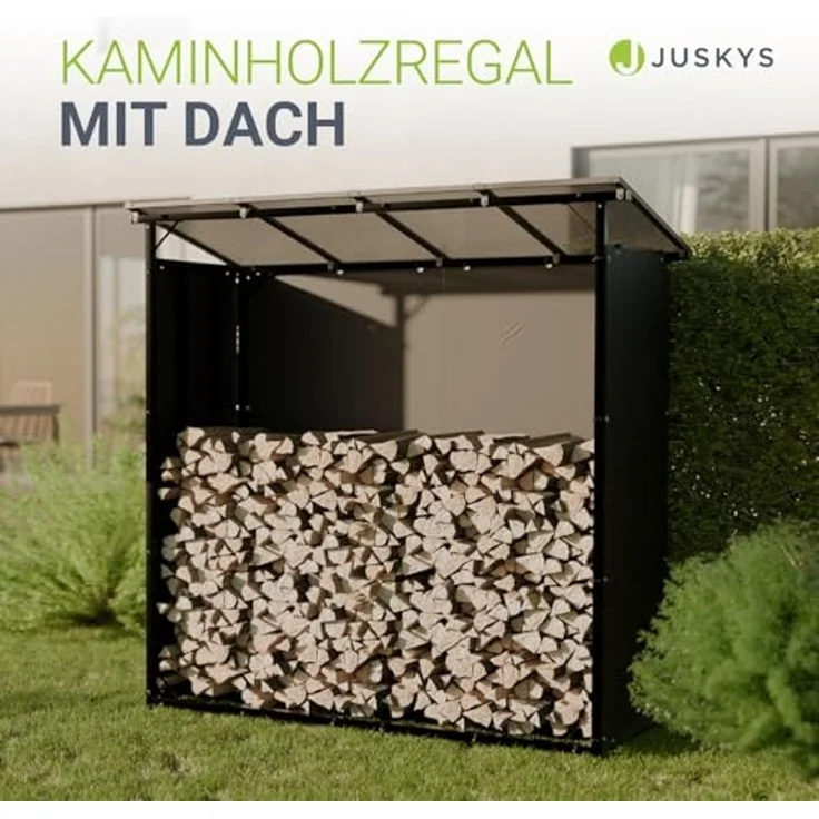 Juskys Kaminholzregal mit Dach - 185 cm, Metallregal für Brennholz, wetterfest, UV-beständige Plane, erhöhte Bodenfreiheit, Outdoor – Bild 3