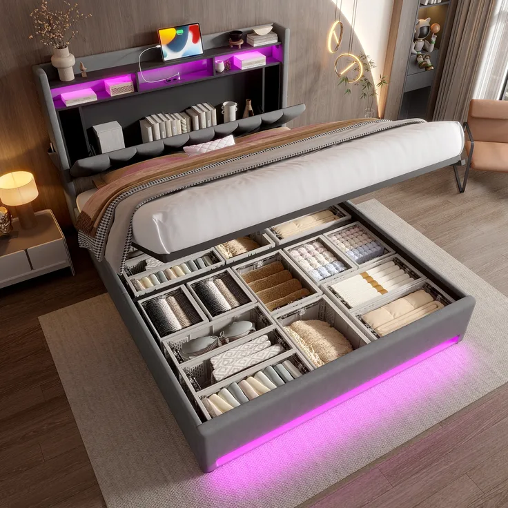 LVHOM Polsterbett 140x200cm mit LED&USB, Doppelbett mit versteckten Stauraum, Stauraumbett mit Lattenrost, Jugendbett mit Bettkasten, Samtstoff, Beige
