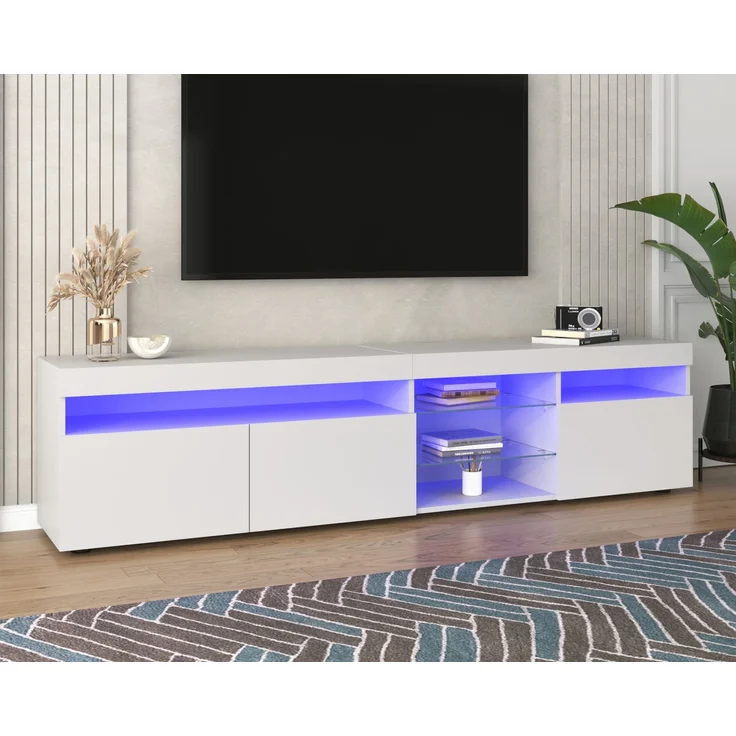 TV-Schrank 180 cm mit LED-Beleuchtung, Lowboard Sideboard Medienmöbel in Weiß Hochglanz mit Glaslaminat – Bild 4