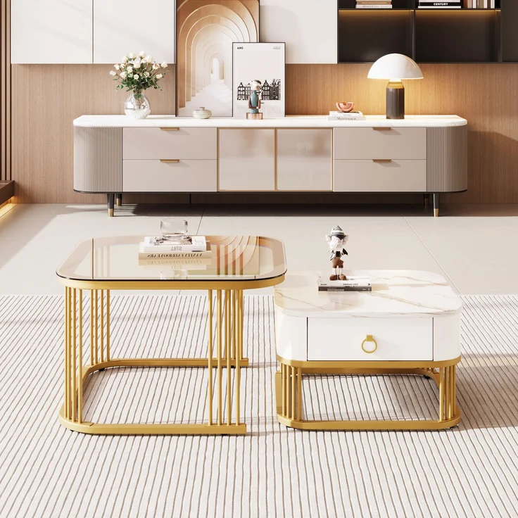 Couchtisch set 60×60+50×50 cm Hochglanz Marmoroptik Weiß und Gold und Teebraun,Kaffeetisch mit Schublade – Bild 6