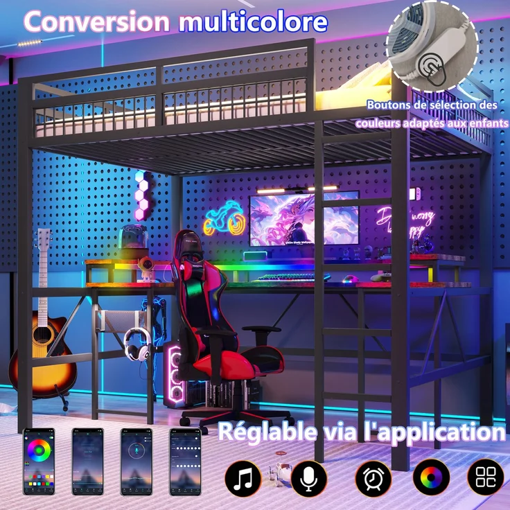 EINHOM Hochbett, 140 x 200 cm, Eisenrahmen, mit Farbwechselnder LED-Lichtleiste, mit Schreibtisch, 1 USB-Anschluss + 1 Typ-C-Anschluss und 2 Steckdosen, mit Lochwand, Schwarz (Ohne Matratze) – Bild 5