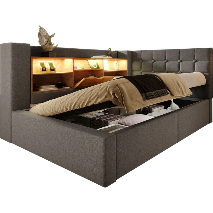 Polsterbett 90x200 cm Einzelbett mit LED-Beleuchtung, hydraulischem Stauraum, L-förmigem Kopfteil mit Stauraum, beidseitig montierbar, Grau – Bild 6