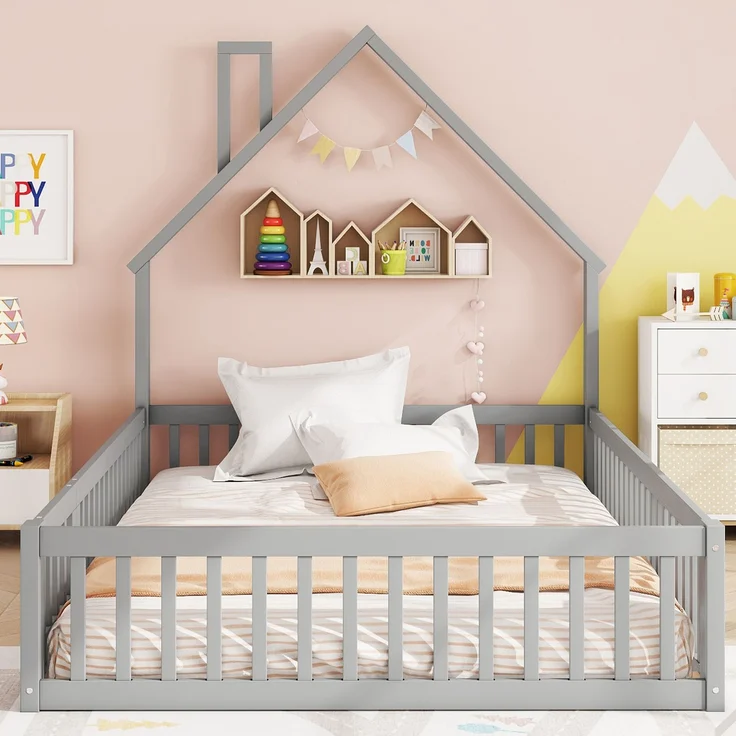 Kinderbett 140x200 cm mit Schornsteinform, Hausbett mit Sicherheitsgitter, Holzbett für Kinderzimmer, Jugendbett, Bettgestell,Grau – Bild 2