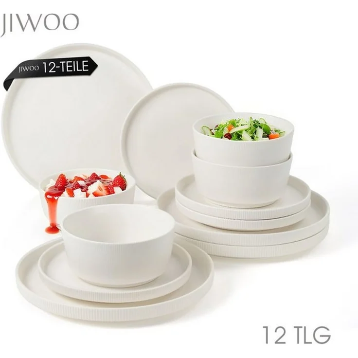 JIWOO Geschirr-Set 12tlg Kombiservice Teller-Set Tafelservice Schüssel-Set Speiseteller (12-tlg), 4 Personen, Keramik, Hochwertiges Geschirr set Weiß Mikrowellen spülmaschinenfest – Bild 4