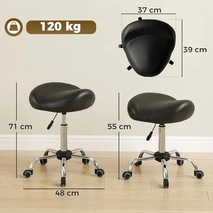 HOMCOM Rollsitz Samt-Touch mit Rädern, Rollhocker höhenverstellbar (Salonstuhl, 1 St, Salonhocker), für Wohnzimmer, Schwarz – Bild 7