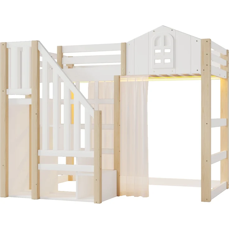 Hochbett 90x200 cm mit LED-Leuchten, Fensterform, Ablageleiter, offenem Staufach, Gaze, Kiefernholz, Weiß+Natur – Bild 8