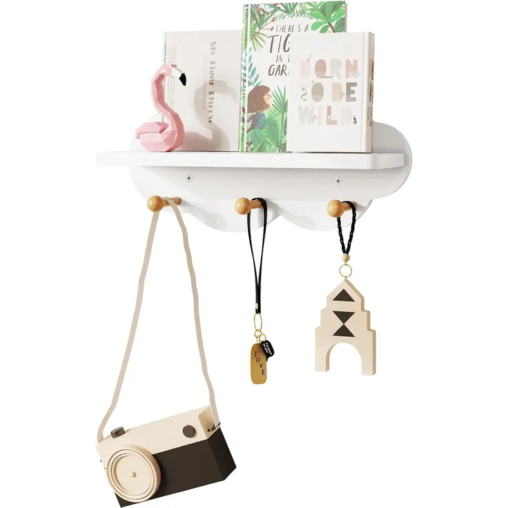 WOLTU Wolkenregal, Kinder Garderobenhaken, Wandregal mit Haken, Hängeregal, Schweberegal weiß, schwebendes Regal für Kinderzimmer, Wanddeko, 36 x 12 x 20,5 cm