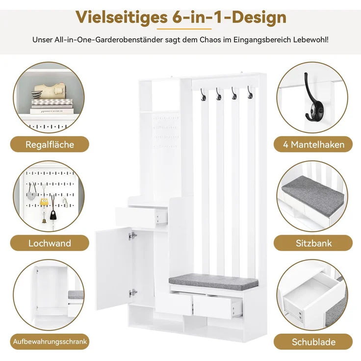 Merax 180cm Flurgarderobe, mit gepolsterter Aufbewahrungsbank, multifunktionaler Flur-Schuhschrank mit Stecktafel, moderne Garderobe mit 4 Haken, Weiß – Bild 7