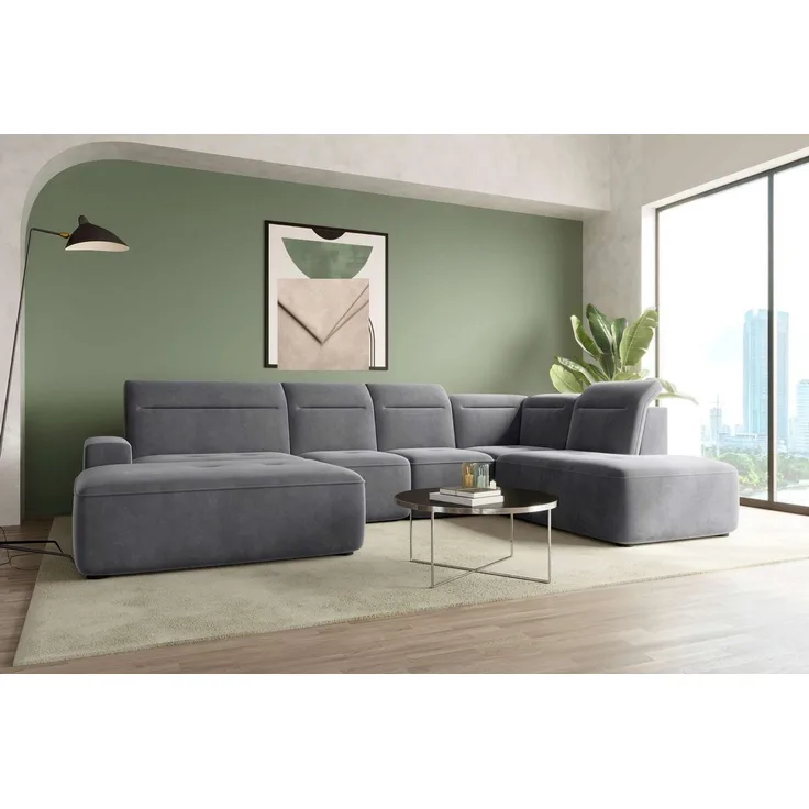 99rooms Wohnlandschaft Elvaro, Sofa, U-Form, Bezug aus Velours PALLADIUM, mit elektrischer Sitztiefenverstellung