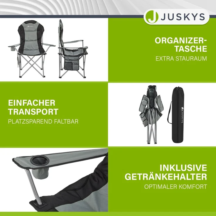 Juskys Campingstuhl Lido mit Getränkehalter & Tasche - Camping Klappstuhl gepolstert - Faltstuhl Angelstuhl Strandstuhl Chair - Stuhl Grau – Bild 3