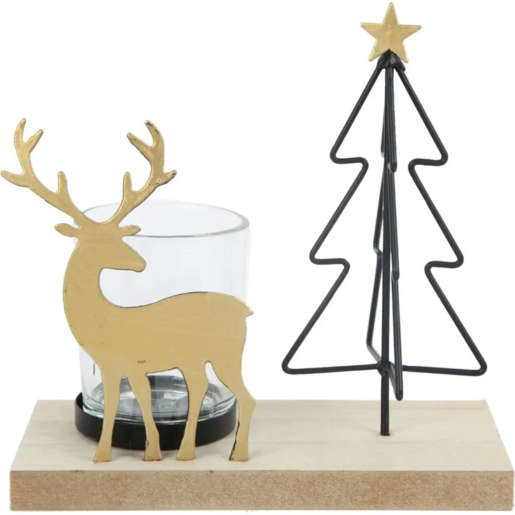 TrendLine Teelichthalter Holz-Metall mit Hirsch und Tannenbaum 15 x 7 x 14,5 cm mehrfarbig