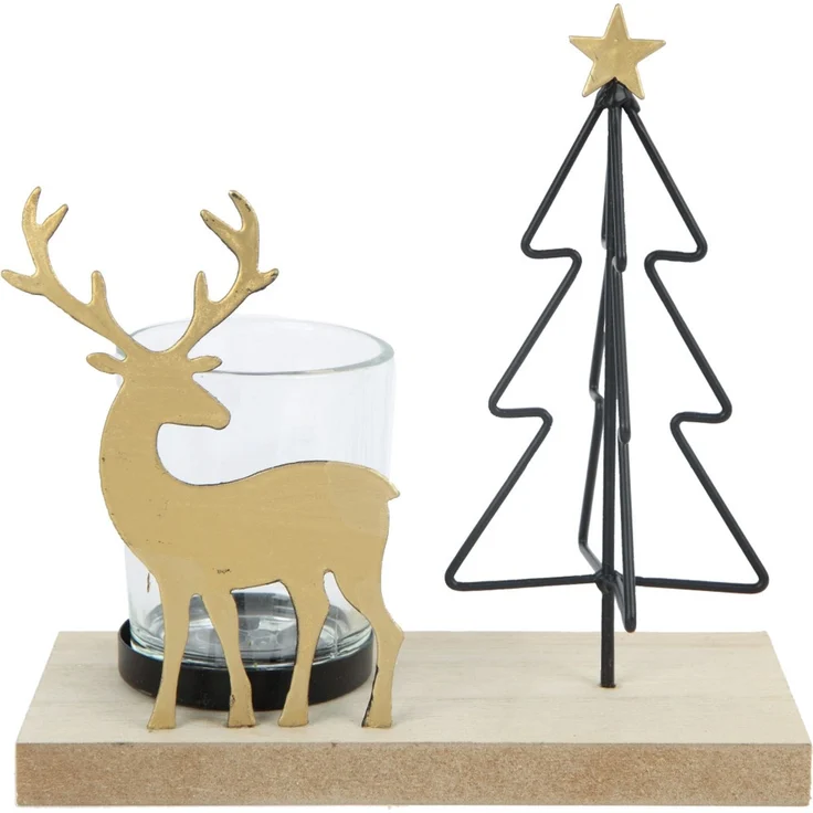 TrendLine Teelichthalter Holz-Metall mit Hirsch und Tannenbaum 15 x 7 x 14,5 cm mehrfarbig