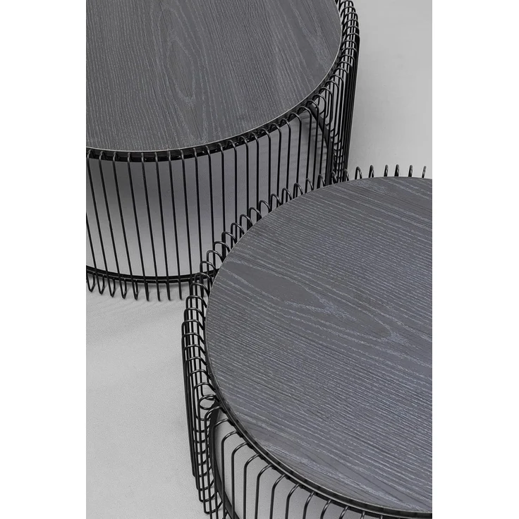 Kare Design Couchtisch Wire Wood 2er Set, Schwarz, 63/53cm Durchmesser,Wohnzimmertisch, Stahlgestell, Tischplatte aus Holz, Wohnzimmer, Rund, 34 x 70 x 70 cm (H/B/T) – Bild 4