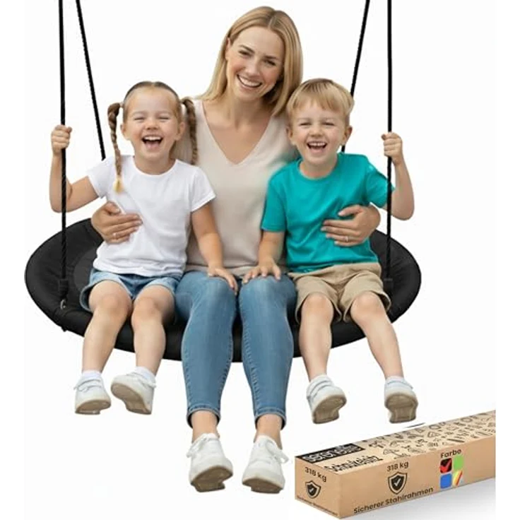SereneLife Nestschaukel Schwarz 100 cm – Runde Hängeschaukel für Kinder & Erwachsene mit gepolstertem Rahmen & wetterfestem Stoff Für Garten & Zimmer, 270 kg tragbar, Spielspaß & Entspannung – Bild 2
