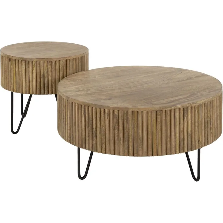 Couchtisch 2er-Set Vagula aus Mangoholz, Wellenmuster, modern rund, natur, Hairpin-Beine