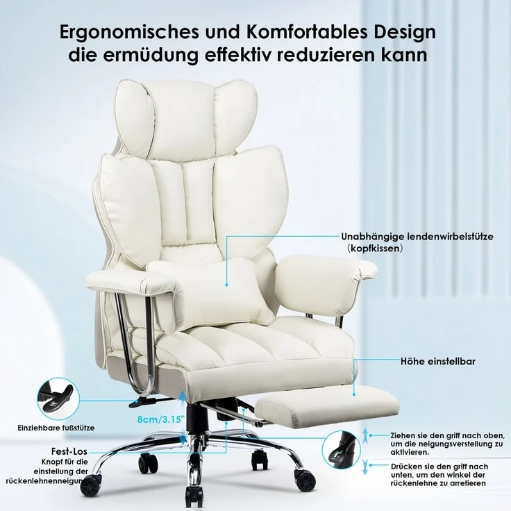 BIGZZIA Bürostuhl Großer Chefbürostuhl aus PU-Leder mit Hoher Rückenlehne, mit Fußstütze - Ergonomischer Computerstuhl mit Lordosenstützkissen – Bild 2
