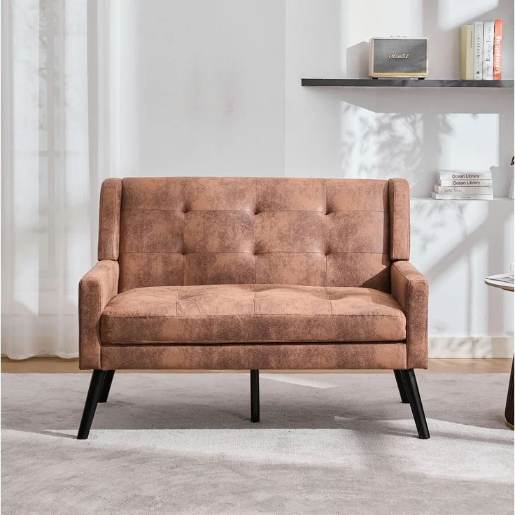 LVHOM 2-Sitzer Sofa aus Suedevlies mit Knopfsteppung, Loveseat mit hochdichter Schaumstoffpolsterung und Massivholzbeinen, Stoffsofa für Wohnzimmer & Büro, bis 260kg, Braun – Bild 6