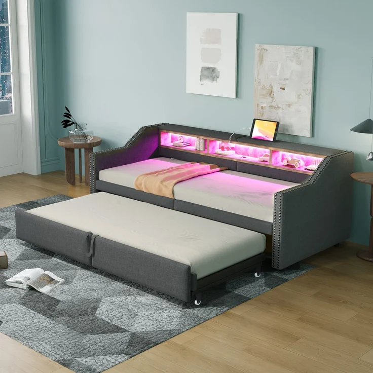 Ausziehbares Schlafsofa 90/180×200 cm mit seitlichen Ablagefächern, USB-Anschluss, Leinenbezug & Lattenrost,Polsterbett,Dunkelgrau – Bild 4