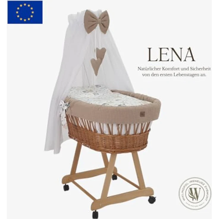 WIKLINOPOL Stubenwagen Lena aus Weide – Babywiege mit Rollen, Matratze, Baldachin & Bettwäsche aus Waffelstoff mit Kaninchen, handgefertigt, Natur Moseskorb – Bild 2