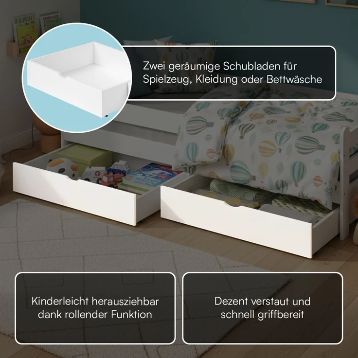 Bellabino 'Kuru' Kinderbett 90x200 cm mit 2 Schubladen, weiß, Jugendbett mit Rausfallschutz und Lattenrost – Bild 7