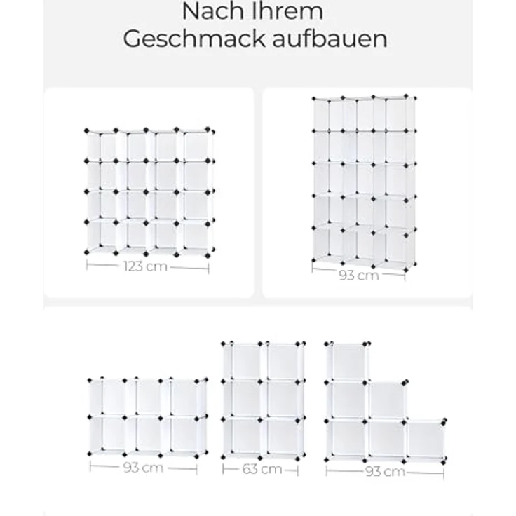 Songmics Schuhregal, Set aus 16 Würfeln, Regalsystem, DIY Würfelregal, stapelbar, aus PP-Kunststoff, als Garderobe, Raumteiler, für Schlafzimmer, Büro, 31 x 123 x 123 cm, weiß LPC44L – Bild 7