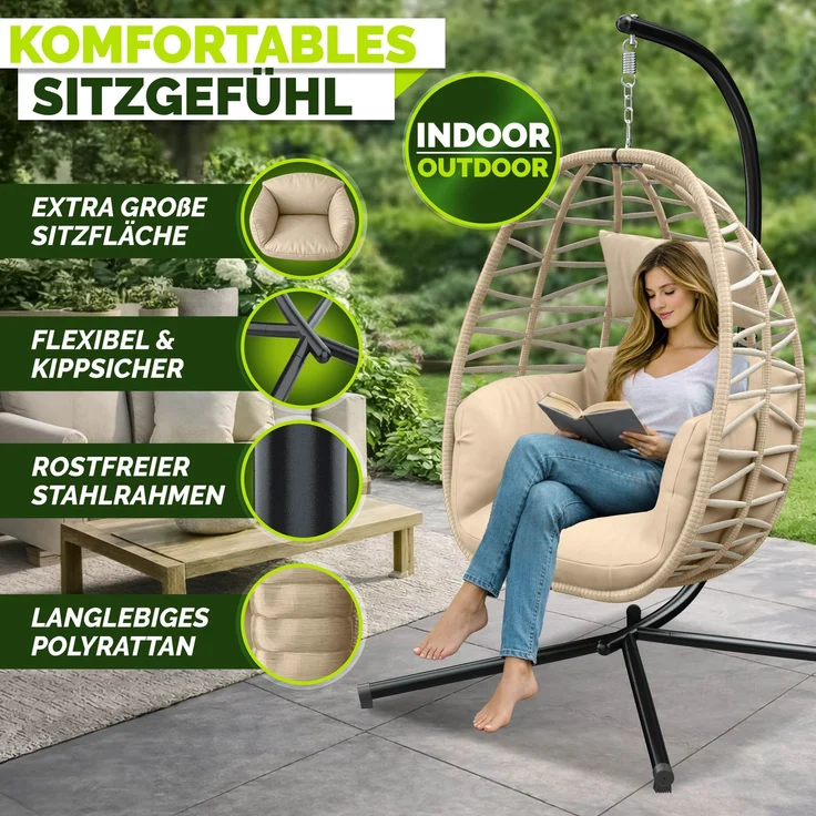 tillvex® Hängesessel mit Gestell Outdoor & wetterfester Abdeckung inkl. Befestigung | Hängekorb klappbar bis 150 kg | Hängesitz aus Rattan | Hängestuhl für Indoor Garten Balkon Terrasse – Bild 8