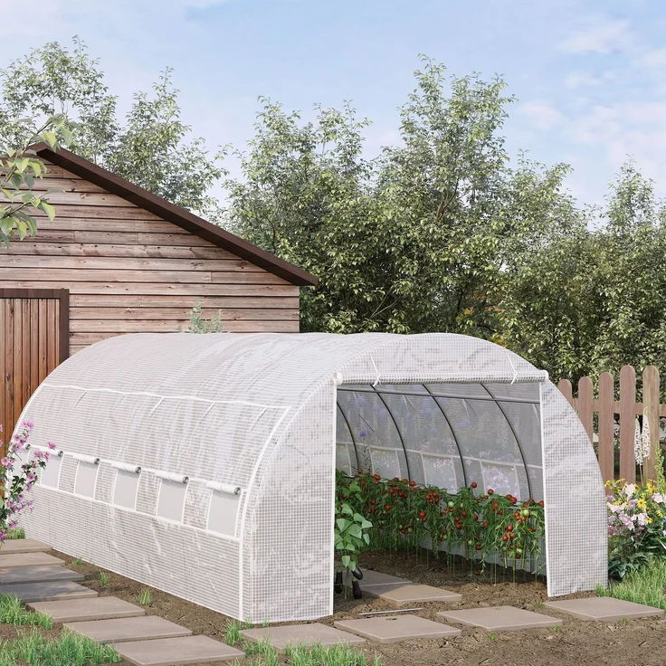 Wohnora-18 m² großes Gartengewächshaus (6 m x 3 m x 2 m) mit Tür, aufrollbaren, per Reißverschluss verschließbaren Seitenwänden, 12 Fenstern und PE-Stahl,H 2000cm x T 1230cm x B 3000cm,Weiß – Bild 1