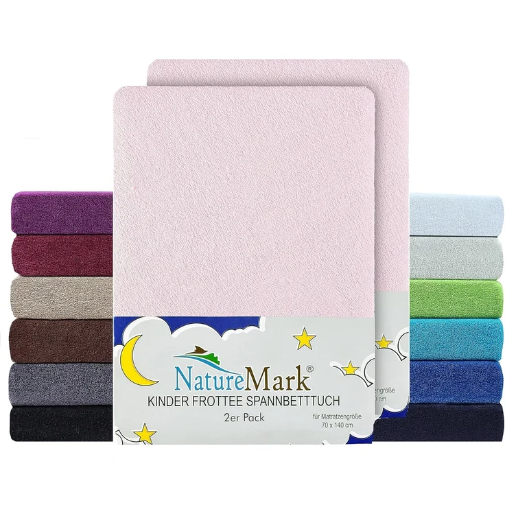 NatureMark Spannbettlaken Frottee Spannbettlaken, 80% Baumwolle / 20% Polyester, Gummizug: rundum, (2 Stück), 2er Set Kinder Spannbettlaken Frottee, Spannbetttuch 80% Baumwolle / 20% Polyester, für Babybett und Kinderbett, 70x140 cm - Rosa – Bild 1