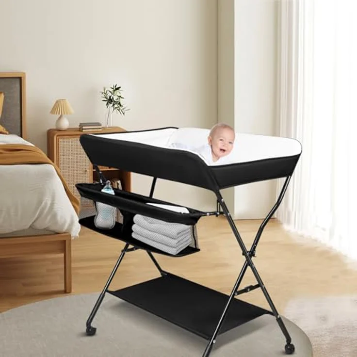 Wickeltisch - höhenverstellbare Wickelkommode für Unterwegs, hochwertige Stoffqualität, Klappwickeltisch mit Rollen und Stauraum, Reisewickelkommode Mit Rollen-86 * 62 * 96 cm-schwarz – Bild 5