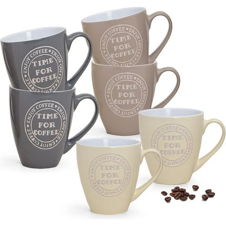 matches21 HOME & HOBBY Tasse Grosse Kaffeetassen 6er Set einfarbig mit Spruch Coffee Time, Keramik, Tee Kaffee-Becher, modern, grau beige cremefarben, 400 ml
