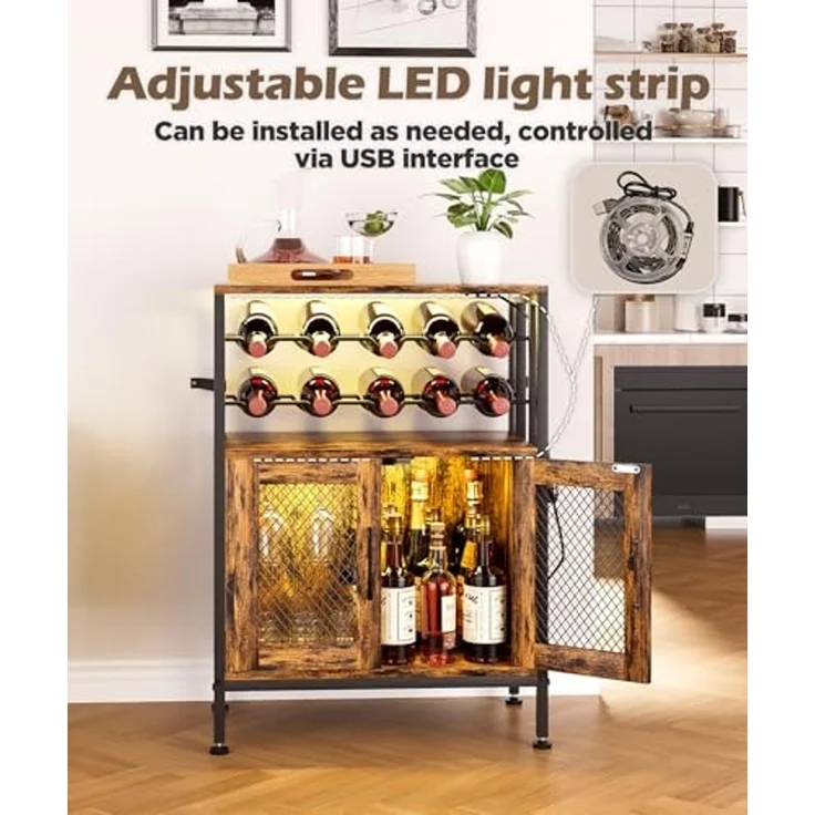 Yorbay Weinschrank Vintage mit LED Beleuchtung, Abnehmbares Weinregal für 10 Flaschen (6 Gläser Halter, Küchenschrank Sideboard 60x24x80cm) Weinständer für Küche & Esszimmer – Bild 6