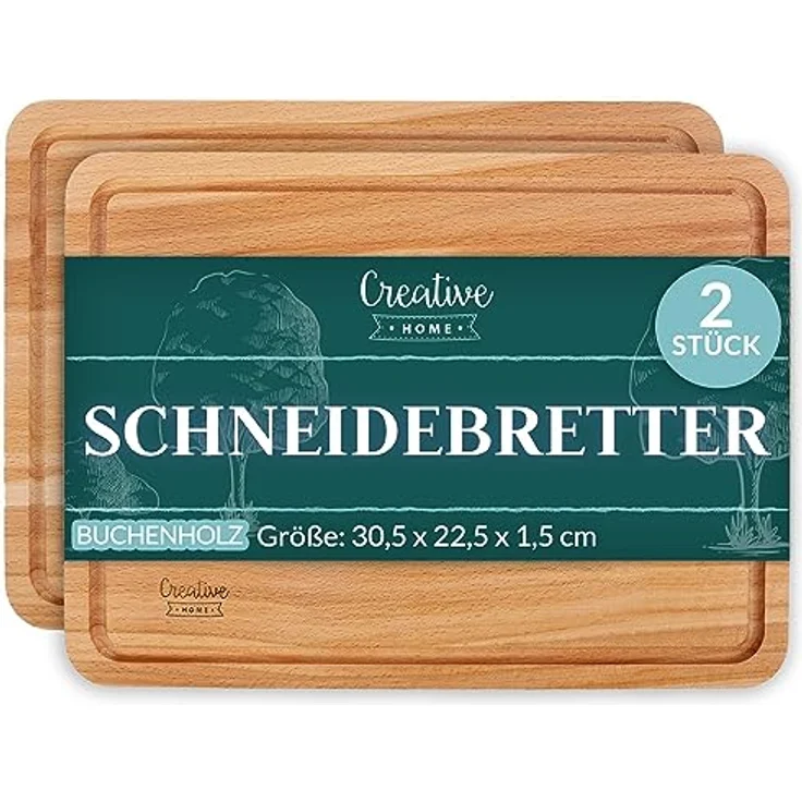 Creative Home Schneidebrett mit Saftrille 30,5 x 22,5 x 1,5 cm Holzschneidebrett Holzbrett Küche, (2-St), mit tiefer Saftrille – Bild 2
