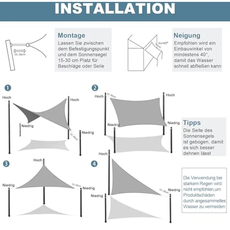 AXT SHADE Sonnensegel Wasserdicht Dreieck Rechtwinklig 3 x 3 x 4,25 m Wetterschutz Sonnenschutz PES Polyester mit UV Schutz für Terrasse Balkon Garten-Graublau – Bild 6