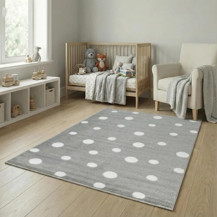 Jimri Kinderteppich DOTS l Pünktchen Gepunktet l Öko-Tex Siegel | Farbe: Beige Blau Rosa | Kinderzimmer/Jugendzimmer (Grau, 80x150 cm)