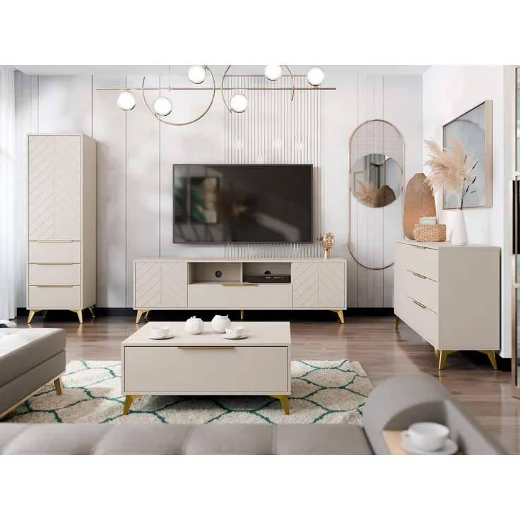 Wohnzimmer-Set Xylix I Kommode, Couchtisch, TV-Lowboard, Kleiderschrank (Farbe: Sandbeige)