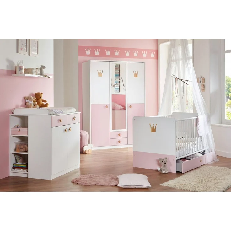 Babyzimmer Cindy Kinderzimmer Komplett Set in Weiß und Rosé in verschiedenen Varianten wählbar - 7 teilig , 3 türiger Kleiderschrank + Babybett + Wickelkommode + Umbauseiten + Bettschubkasten + Seitenregal + Wandboard – Bild 5