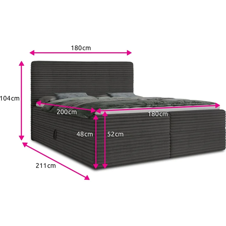 Boxspringbett Mollo mit 2 Bettkästen, Doppelbett mit Bonell-Matratze und Topper, Polsterbett in weichem Cordstoff, Bett, Bettgestell für Schlafzimmer (Grau (Tilia 86), 180 x 200 cm) – Bild 4