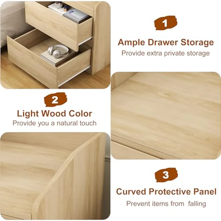 GarveeHome Nachttisch Mit 2 Schubladen, Moderner Beistelltisch, Nachttisch Aus Hellem Holz, Griffloses Design, Aufbewahrungsmöbel Für Das Schlafzimmer Und Das Wohnzimmer – Bild 6