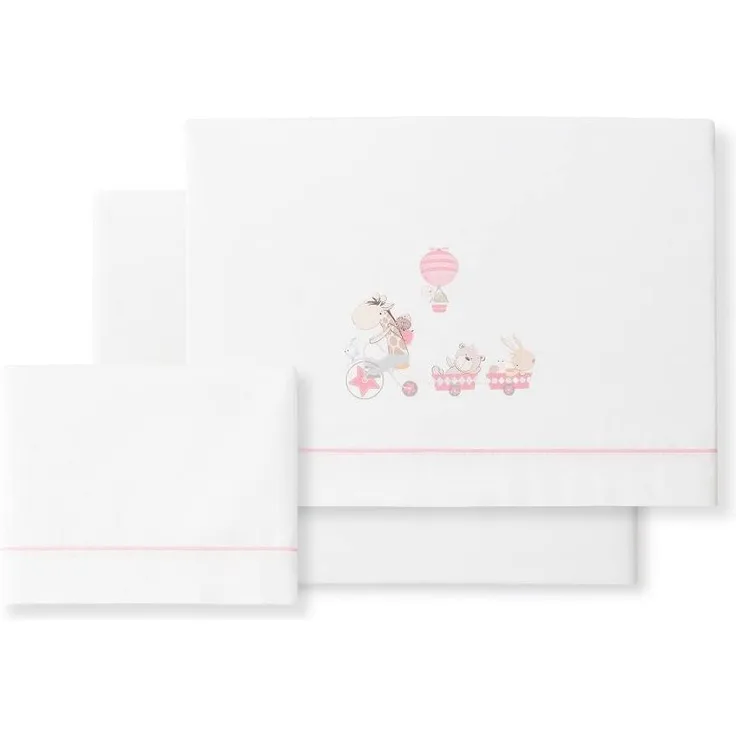 Bettlaken-Set für Babybett JIRAFA BICICLETA in Weiß rosa · 100% Baumwolle · 3- Teilig Bettwäsche-Set für Babywiege