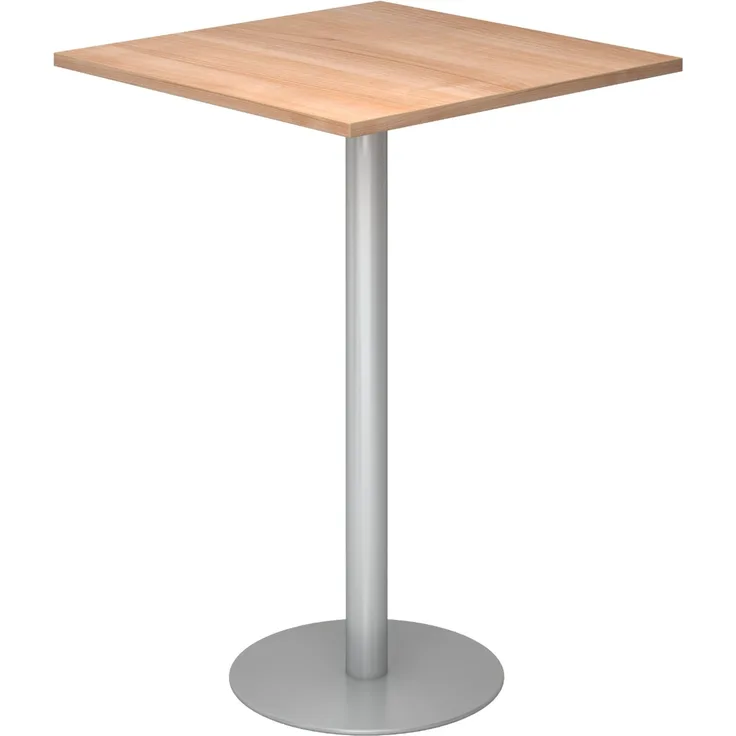 bümö Stehtisch Büro, Bistrotisch eckig 80 x 80 cm - Bartisch Nussbaum, Stehtisch Holz-Platte, Säule aus Metall in silber, Buffettisch, Säulentisch, Partytisch, Thekentisch, Hochtisch, Barmöbel, STH88-N-S
